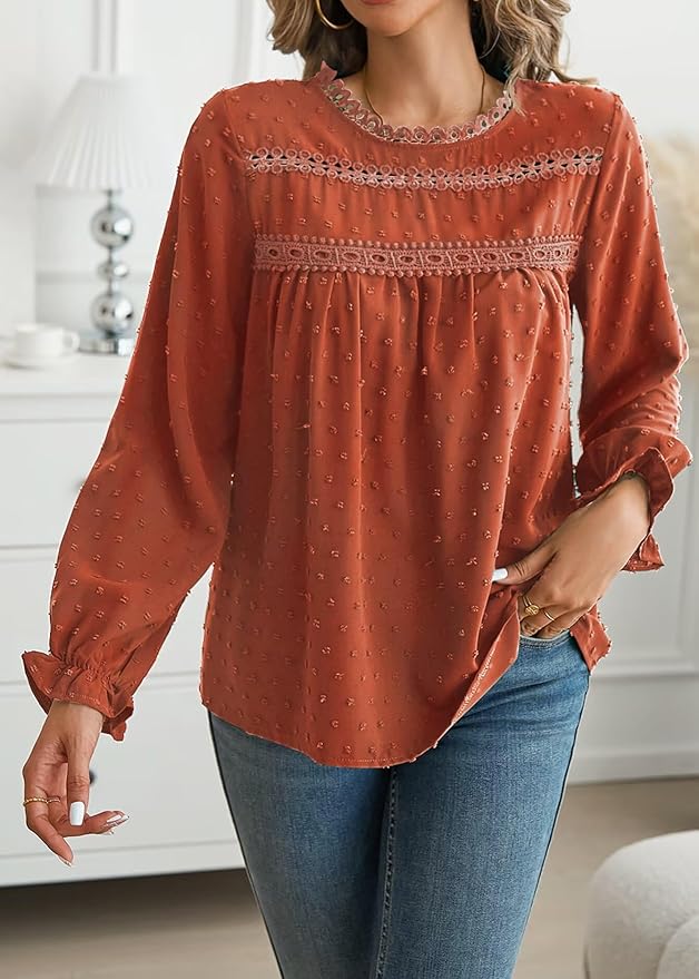 Womens Boho Tops Long Sleeve Shirts For Women Cute Crewneck Blouse Dressy Casual Swiss Dot Crochet Hollow Top 2026