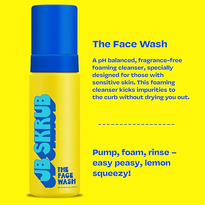 JB SKRUB The Face Wash - Gentle Facial Cleanser for Kids, Tween and Teen Boys - Fragrance-Free Foaming Face Wash with Aloe Vera & Chia Seed for Sensitive Skin - 5 Fl. Oz