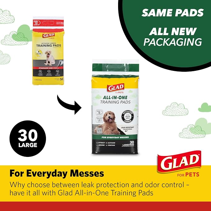 Glad for Pets Activated Carbon Disposable Dog Training Pads, 100 Count | Ideal for puppies, senior dogs, incontinence, and post-surgery, ultra-absorbent, keeps floors & crates dry, 23 x 23 in