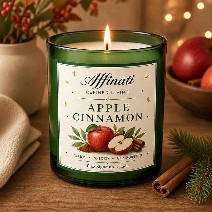 Affinati Apple Cinnamon 10 oz Scented Candle – Long Lasting Luxury Soy Blend Candle for Home, Strong Scent Throw Warm Autumn Spiced Orchard Fruit Candle, Premium Elegant Home Fragrance Gift