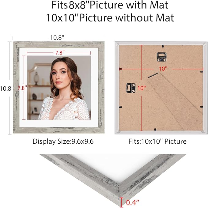10x10 Picture Frame Set of 9, Display Pictures 8x8 with Mat or 10x10 without Mat, Multi Collage Gallery Square Photo Frames for Wall or Tabletop, Distressed Gray