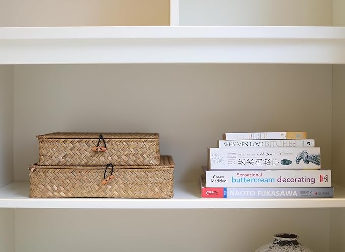 Flat Seagrass Storage Bins with Lid, Wicker Basket for Shelf Organize, Set of 2 (Small+Large)