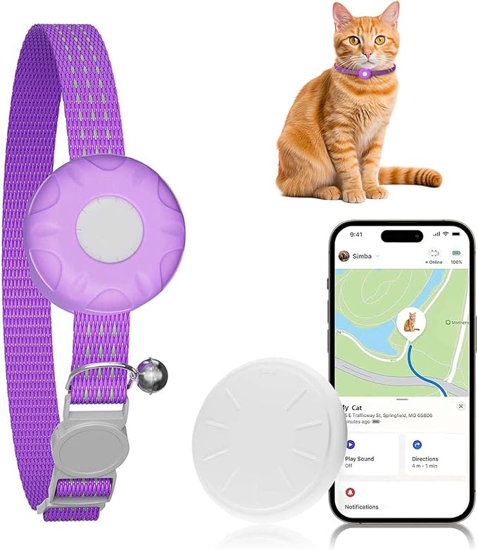 Cat GPS Tracker, Smart Cat Tracker Compatible with Apple Find My App (Only iOS), No Monthly Fee, Waterproof, Breakaway Collar Included (White Tracker, Purple Cat Collar)