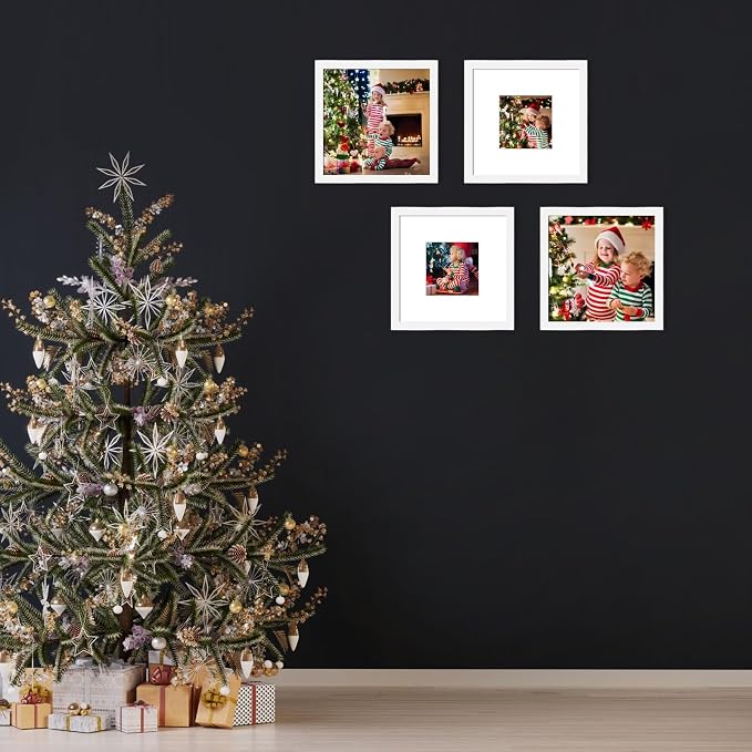 8x8 Picture Frame Set of 9, Display Pictures 4x4 with Mat or 8x8 without Mat, Multi Collage Gallery Square Photo Frames for Wall or Tabletop, White