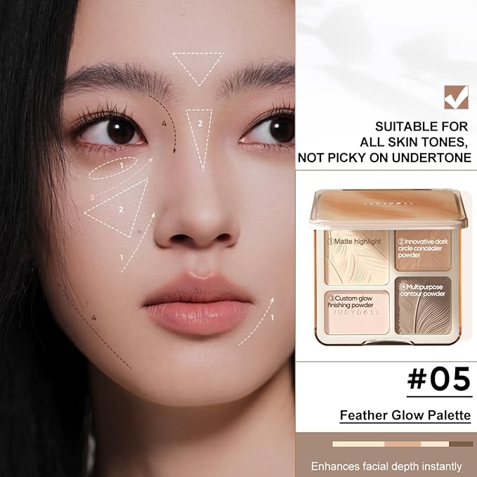 JUDYDOLL Highlight & Contour Palette, All-in-One Matte Highlighter Contour Compact with Under-eye Concealer, Natual Finish, Blendable Face Makeup for All Skin Tones (05 Feather Glow Palette)