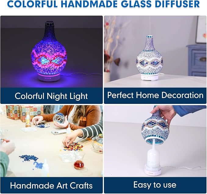 Mosaic Glass Essential Oil Diffuser,Tiffany Aromatherapy Diffuser 100ml Turkish Moroccan Color Changing Aroma Ultrasonic Diffusers Cool Mist Air Diffuser for Sleeping SPA Office Home