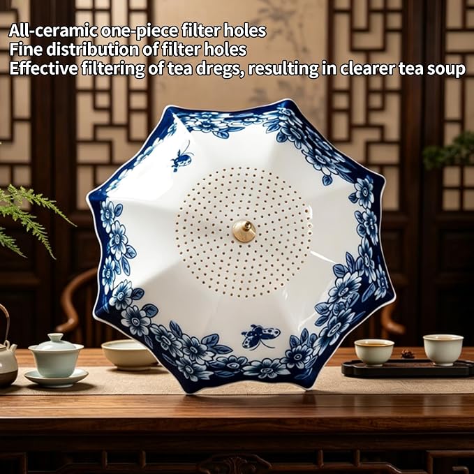 Umbrella Tea Strainer, Blue and White Porcelain | Umbrella Shape Ceramic, For Loose Leaf Tea, Rotating Design, Coffee Brewing Filter