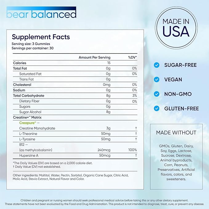 Bear Balanced Creatine Gummies for Men & Women - Creapure® Creatine Monohydrate, L-Theanine, L-Tyrosine & B12 for Muscle Growth, Strength, Focus, Energy & Health - Low Calorie, Sugar-Free, & Vegan