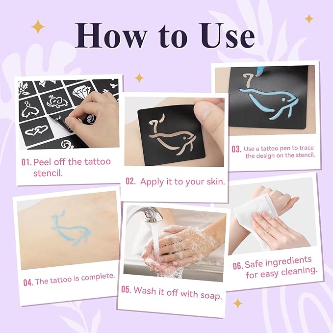 Temporary Tattoos Markers for Skin, 36 Body Markers+612 Large Tattoo Stencils, Temporary Tattoos for Kids and Adults, Dual-End Tattoo Pens, Bright colors, Flexible Brush Tip, Cosmetic-Grade, Skin-Safe