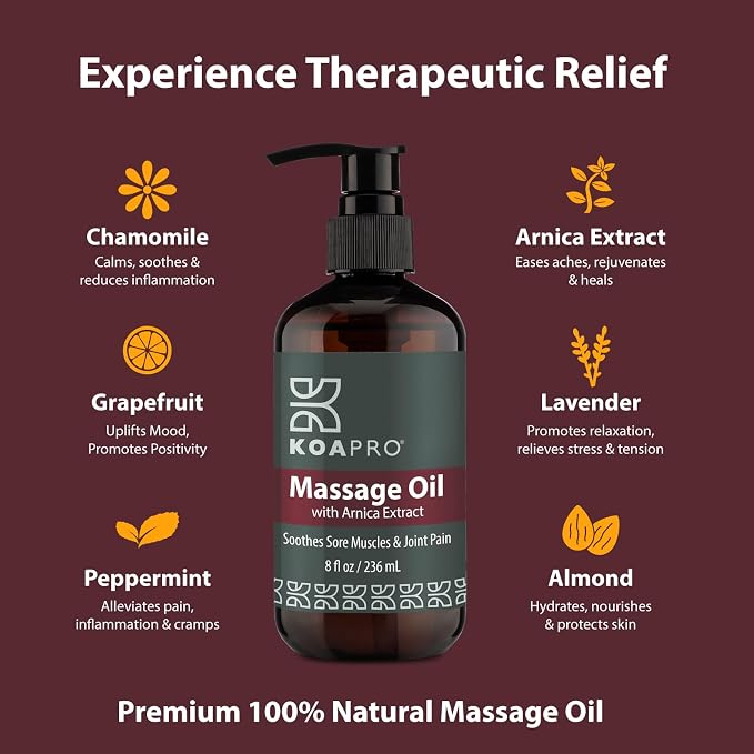 KOAPRO Arnica Sore Muscle Massage Oil for Massage Therapy - Anti-Cellulite Skin Therapy Oil with Chamomile, Lavender, Peppermint to Soothe Tired Muscles & Joint Pain, Deep Tissue Extract 3 Pack