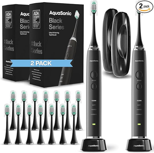 Aquasonic Black Series Ultra Whitening Toothbrush – ADA Accepted Electric Toothbrush- 8 Brush Heads & Travel Case – 40,000 VPM Electric Motor & Wireless Charging - 4 Modes w Smart Timer (Pack of 2)