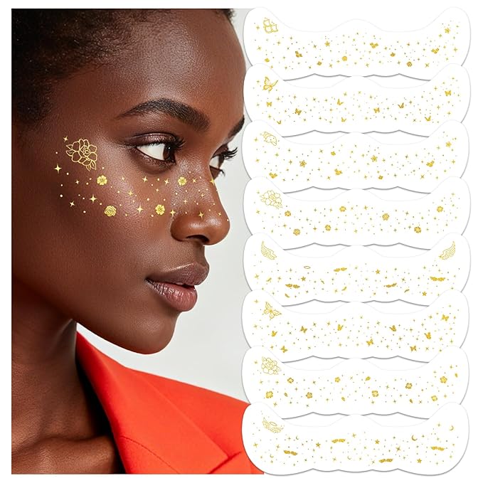 Cerlaza Glitter Freckles Face Tattoo, 16 Pcs Gold Speckles Makeup Patches, Waterproof Body Face Glitter for Women Girls, Country Concerts Singer Festival Rave Accessories