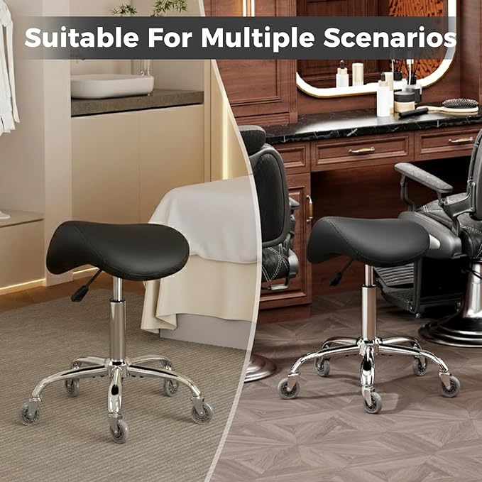 BEWISHOME Ergonomic Rolling Saddle Stool, Height-Adjustable Rolling Swivel Saddle Stool Chair with Thickened Saddle Seat Padding, for Salons, Spas, Office, Black BMD02B
