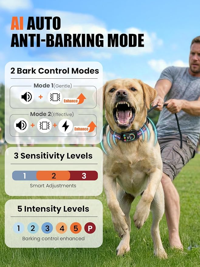2-in-1 Dog Bark Collar & Shock Collar, IPX7 Waterproof E Collars with AI Anti-Bark/Beep/Vibration/Shock/no Shock for Small Medium Large Dog(5-120Lbs), Dog Training Collar with 3300FT Remote