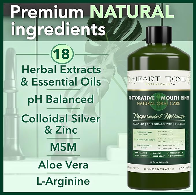 Heart Tone Botanicals Nano Silver Mouthwash | All Natural | Adult Restorative Mouth Rinse | Aloe Vera, Colloidal Silver, & Tea Tree | Complete Oral Care & Fresh Breath | Fluoride, GMO, & Alcohol Free