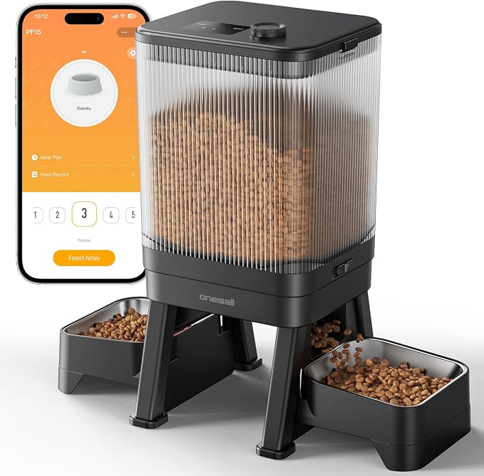 oneisall 5G WiFi Automatic Cat Feeder for 2 Cats, App Control, 32 Cups/7L | Elevated Bowls, Timed Meals, Feed Now, Feeding Logs, Slow Feed, Balanced Dispensing, Precise Portions, Easy-to-Clean