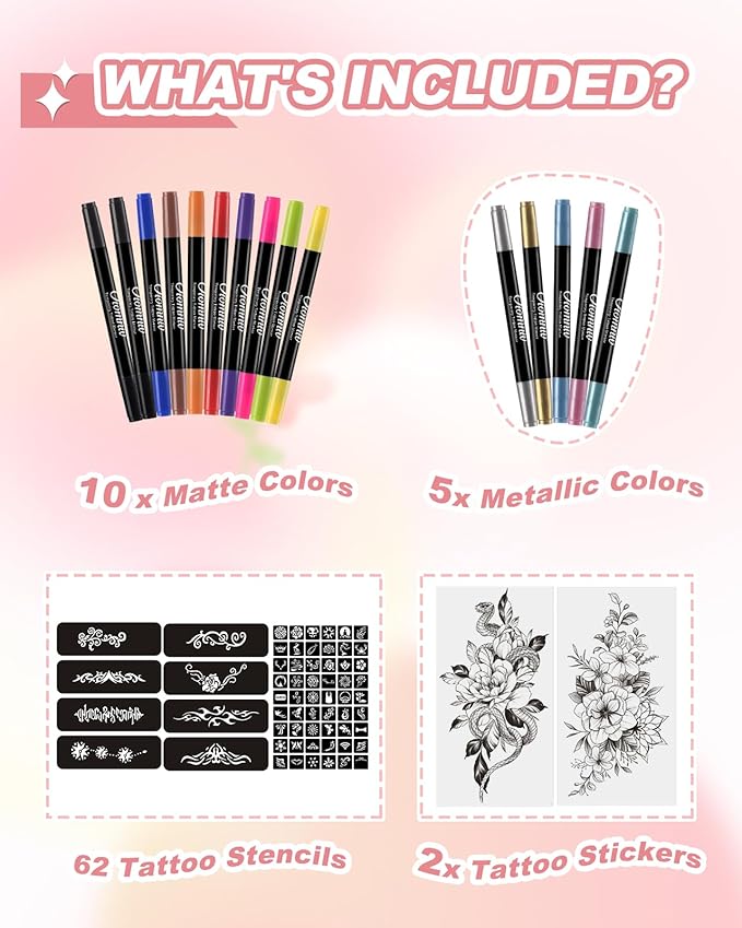 Oiomniv Temporary Tattoo Markers, 15PCS Body Markers Dual-End for Kids Adults, 62 Tattoo Stencils Temporary Tattoos Stickers, Glitter Matte Neon Tattoo Pens, Flexible Brush Tip, Skin Safe
