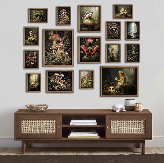 ANERZA 16 PCS Dark Cottagecore Wall Art Decor, Cottage Core Gallery Wall Prints for Bedroom, Fairycore Posters for Living Room Aesthetic, Nature Forest Mushroom Collage Kit, Whimsical Dorm Home Decor