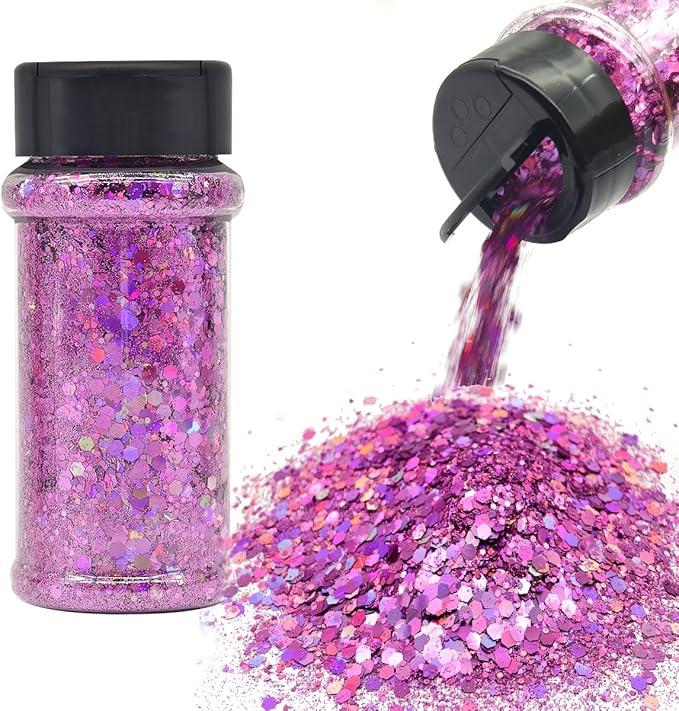 Electric Bliss Beauty - Ultra Pink Holographic Craft & Beauty Glitter - 2oz/56g - 24 Colors - Cosmetic Grade - Easy-Pour Shaker Jar with Dual-Flip Cap
