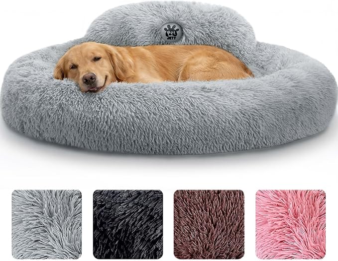 PetJett XL Dog Beds for Large Sized Dog - 45'' Extra Large Dog Bed, Anti-Slip & Washable Super Soft Round Donut Bed, Fluffy Faux Fur Anti-Anxiety Premium Comfort Pet Bed, Fits Dogs up to 120 lbs