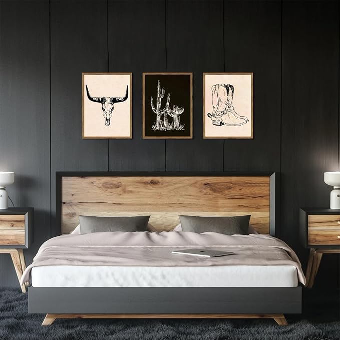 Vintage Western Wall Art Set of 3, Southwestern Cowboy Wall Decor Paintings, Black and White Longhorn Bull Skull Canvas Prints for Bedroom Living Room 12x16 inch Wood Framed