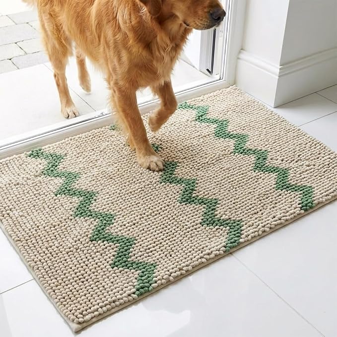 Muddy Mat® Super Absorbent Loop-Thread Chenille Dog Door Mat for Muddy Paws – Non-Slip, Machine Washable Indoor Entry Rug, Quick-Dry Pet Mat for Entryway – Green Chevron 19"x30"