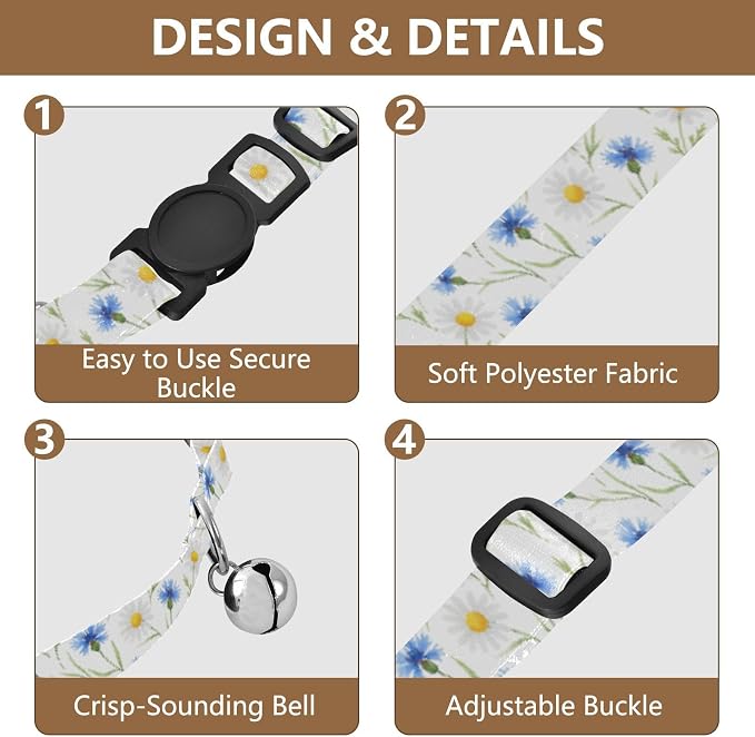Watercolor Blue Cornflowers White Daisies Easy to Wear Small Dog Collar 2 Pack Comfortable Cat Collar