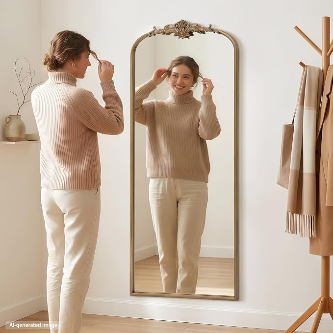 Besdomus Antique Mirror Full Length: 26"x63" Brass Gold Arched Body Mirrors | French Floor Standing Metal Framed - Vintage Baroque Traditional Ornate - Ideal for Foyer/Cloakroom/Bedroom/Dressing Room
