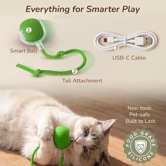 Interactive Cat Toy Automatic Moving Ball, Indoor Cats, Rechargeable, Green