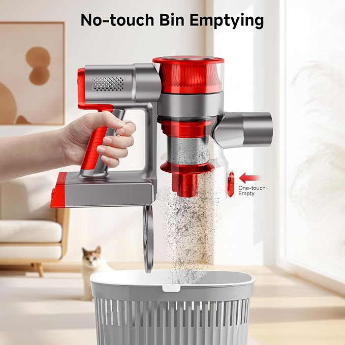 Cordless Vacuum Cleaner, Powerful Stick Vacuum Cleaner for Home with Rechargeable Battery, 6-in-1 Lightweight Handheld Vacuum, 45 Mins Runtime for Hardfloor & Carpets Pet Hair (red)
