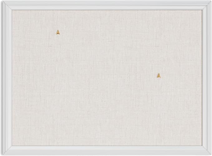 U Brands Bulletin Board, 18 x 24 Inch Linen Fabric Pin Board, Farmhouse White Wood Style Frame, Wall Message Center & Vision Board for Farmhouse Decor, Home Office, Classroom, Includes Push Pins