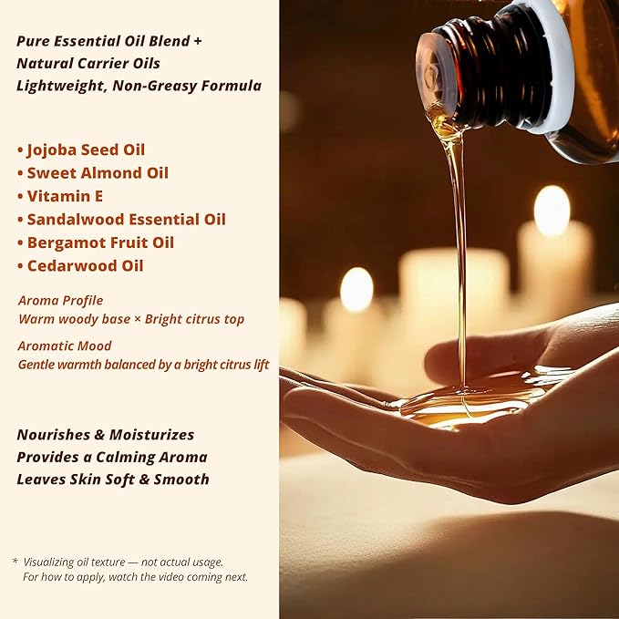 Sandalwood & Bergamot Aromatherapy Oil for Face & Body Massage – Plant-Based Blend for Hydrating & Nourishing Care, Woody-Citrus Aroma for Refreshing and Balancing Self-Care, 1 fl oz / 30 ml