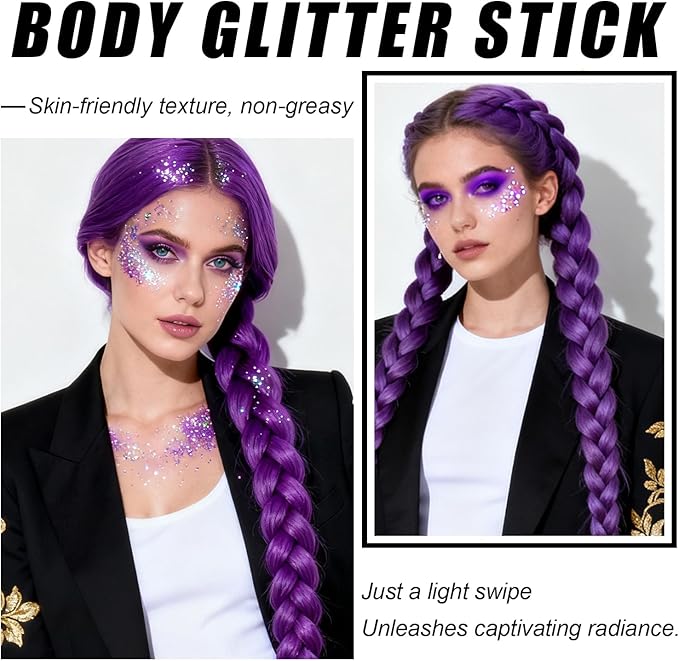 Purple Body Glitter Stick, Sparkling Hair Glitter for Kids and Women, Waterproof Face Hair and Body Glitter Makeup, Rave Accessories Carnival Chunky Sequins