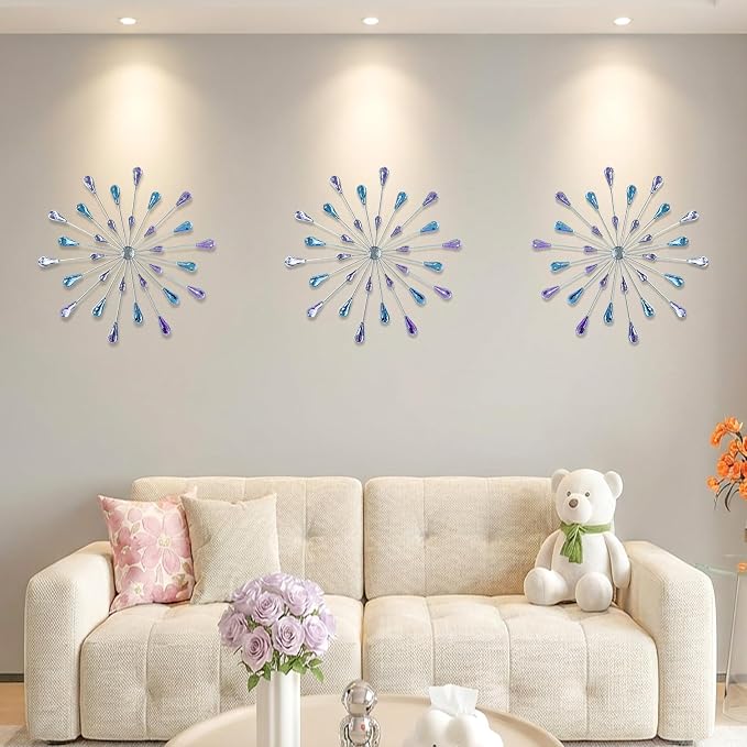 ZEXUIRU 3 Set Silver Starburst Wall Art for Home Decor Metal Bling Crystal Rhinestones Sunburst Wall Decor Sparkling Rhinestone Art Accent Silver - 13in