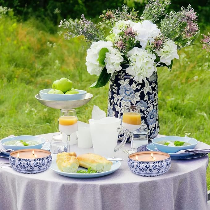 Citronella Candle Outdoor Large 3 Wick 13.5oz Soy Wax Candle with Lid in Blue and White Container for Patio Porch, 75 Hour Burn
