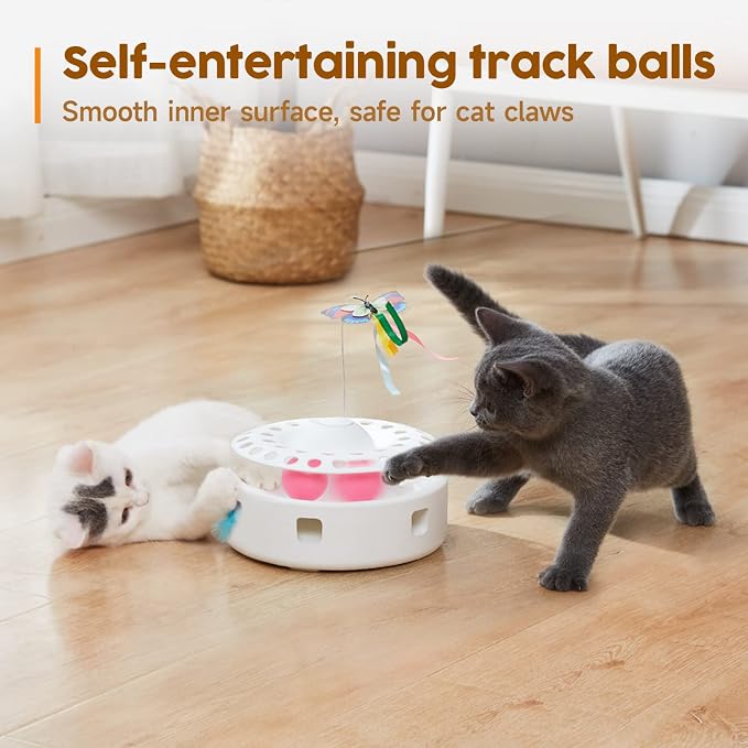 Potaroma Cat Toys 3in1 Automatic Interactive Kitten Toy, Fluttering Butterfly, Moving Feather, Track Balls, Dual Power Supplies, USB Powered, Indoor Exercise Kicker (Bright White) | Fluttering Butterfly, Moving Feather, Balls, Dual Power Supplies, USB ...