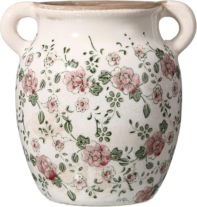 LemonRoad Vintage Planter Large Ceramic Plants Pot Beige Chinoiserie Floral Cottage Scroll Vase Flower Pot Indoor Home Farmhouse Kitchen Antique Decorative Gifts(Red Plum Blossom,7.7 Inch)