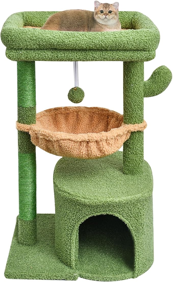 SYANDLVY Cactus Cat Tree for Indoor Cats, Green Activity Tower for Kittens | Modern Cat Furniture with Scratching Post, Basket & Hanging Ball for Play Rest