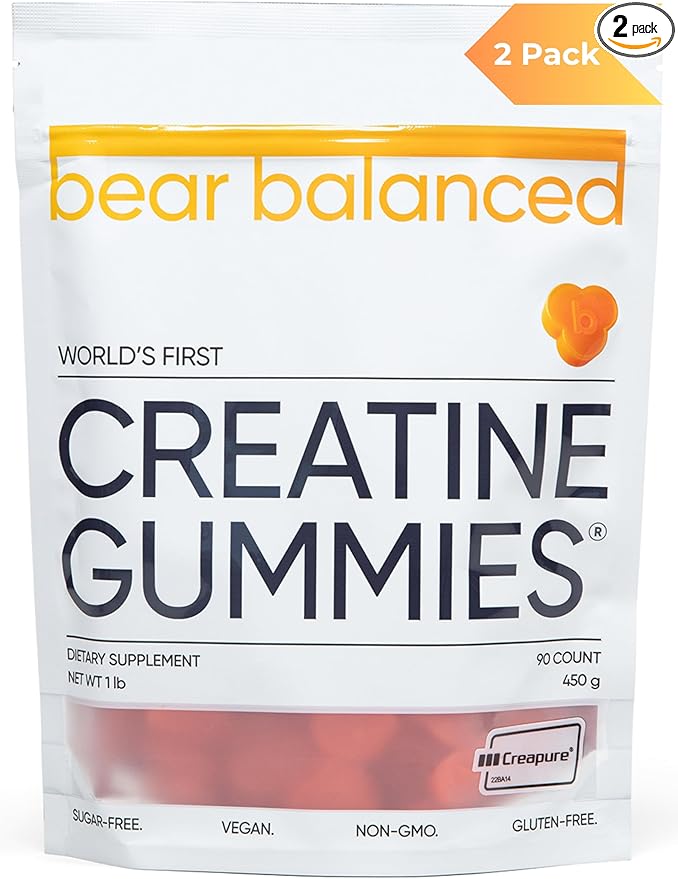 Bear Balanced Creatine Gummies for Men & Women - Creatine Monohydrate, L-Theanine, L-Tyrosine & B12 for Muscle Growth, Strength, and Focus, Peach Mango, 2 Pack