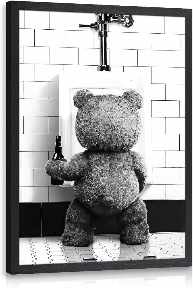 VziizV Funny Bear Bathroom Wall Art, Teddy Bear with Beer Canvas Print, Humorous Black and White Animal Decor, Farmhouse Restroom Artwork for Living Room Bathroom Bedroom Wood Framed 12x16 Inch