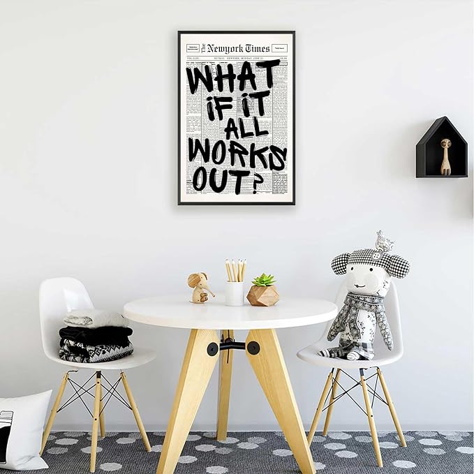 Retro Black And White Newspaper Poster What If It All Works Out Canvas Wall Art Positive Affirming Quote Minimalist Prints Painting For Home Bedroom Dorm Wall Decor 12x16in Framed