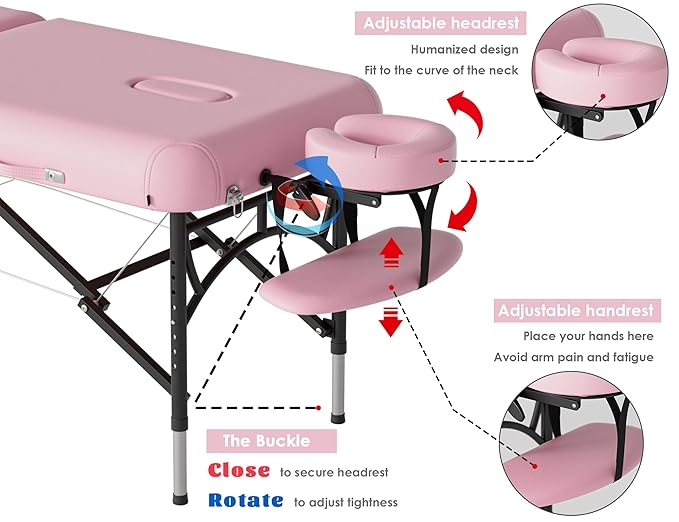 CLORIS 84" Professional Massage Table Portable 2 Folding Lightweight Facial Salon Spa Tattoo Bed Height Adjustable with Carrying Bag & Aluminium Leg Hold Up to 1100LBS Pink