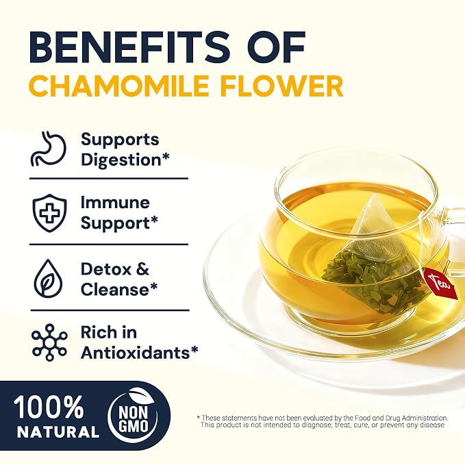 Chamomile Tea Bags, Chamomile Flower Herbal Tea - Sugar-Free, Caffeine-Free, 50 Teabags