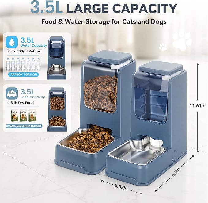 2 Pack Automatic Cat Feeder Stainless Steel Gravity Food and Water Dispenser for Small Medium Kitten Puppy Pets (Blue)