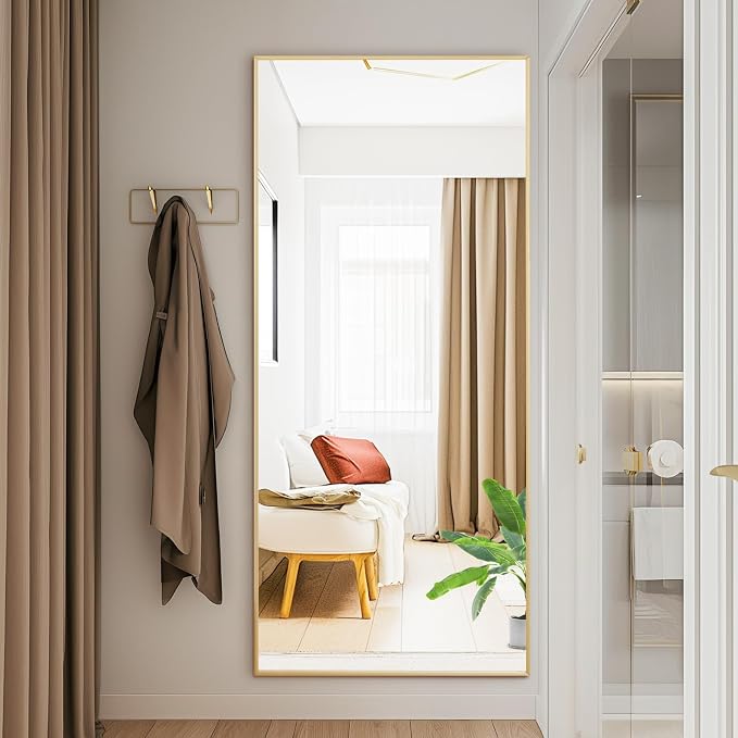 DUMOS 64"x21" Full Length Mirror with Stand, Full Body Floor Mirror | Free Standing or Wall Mount, Nano Glass Aluminum Frame, Hanging or Leaning, Modern Simple Home Decor, Gold