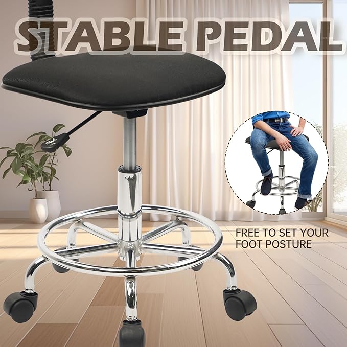 Low Wide Rolling Swivel Stool with Backrest, Adjustable Height Salon Chair Stools with Footrest for Spa Tattoo Office Desk Massage Task Lash Barber Facial, Black 1PK