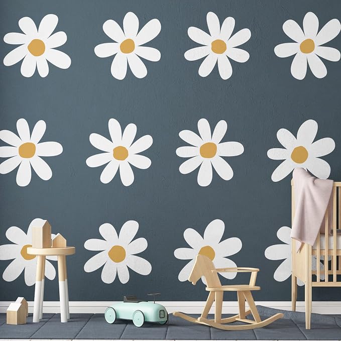 TaoBary 12 Sheet Daisy Wall Sticker Decal,White, Yellow,Vintage Style | Big Flower Wall Sticker, Pink White Floral Decal, Daisy Bedroom Room Decor, Removable Peel and Stick, Nursery Home Wall Decor