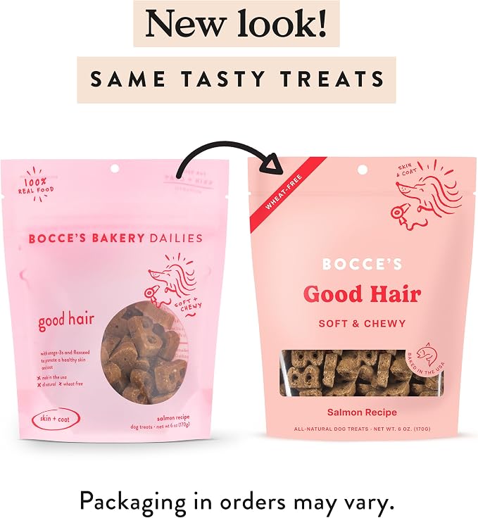 Bocce's Bakery Dailies Good Hair Dog Treats for Skin & Coat Support,Wheat-Free Dog Treats,Made with Real Ingredients,Baked in The USA,All-Natural Soft & Chewy,Salmon Recipe,6 oz,(Pack of 2)