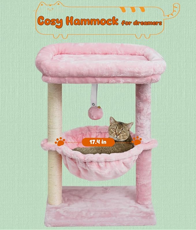 SYANDLVY Small Pink Cat Tree for Indoor Cats, Activity Tower for Kittens | Scratching Post, Modern Cat Furniture with Basket & Hanging Ball for Play Rest, Pink