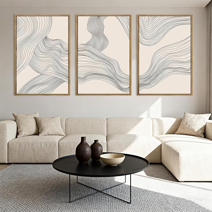 Large Beige Abstract Wall Art Framed Neutral Modern Canvas Wall Decor Minimalist Line Wave Painting 24x36 Inch Pictures Set of 3 for Living Room Bedroom Dining Room